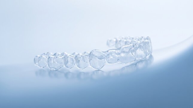 Clear dental mouth aligner resting on blue gradient backdrop