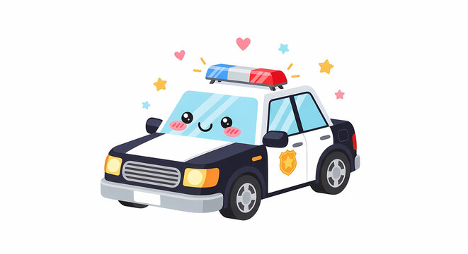 Cute Cartoon Police Car Character with Happy Face and Emergency Lights