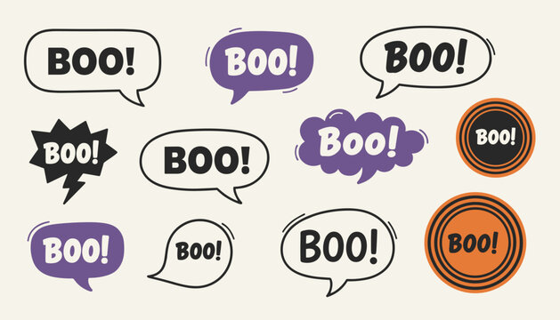 Assorted collection of speech bubbles and stickers featuring the word boo in various comic fonts and colors.