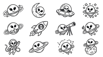 Professional Black and White Space Themed Cartoon Characters and Icons Set Whimsical Aliens Planets Rockets UFOs Telescope Astronaut © Kamet