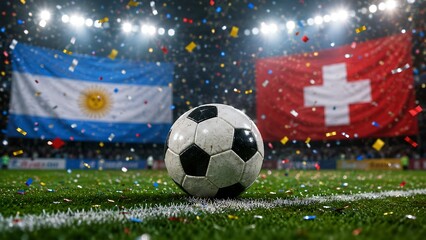 Naklejka premium Soccer ball on field with flags of Argentina and Switzerland in background