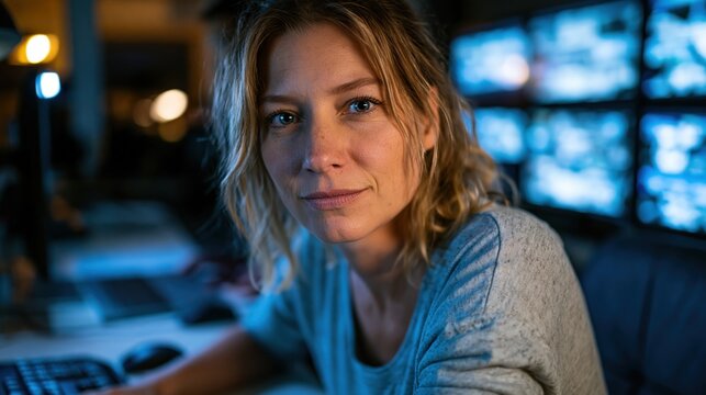 Female security control room operator monitoring surveillance screens in modern command center