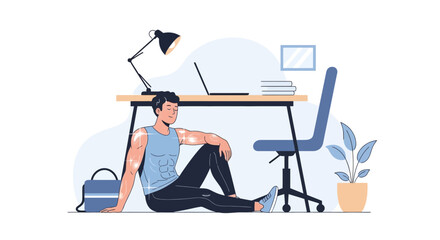 Fototapeta premium Man resting on floor at desk with laptop, office, home workspace, break