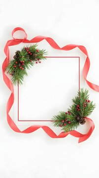 Festive christmas frame with red ribbon pine branches and cones on white background