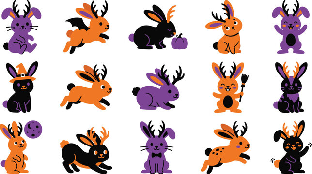 Cute Halloween jackalope vector set with spooky orange purple and black cartoon horned rabbits wearing witch hats on white background