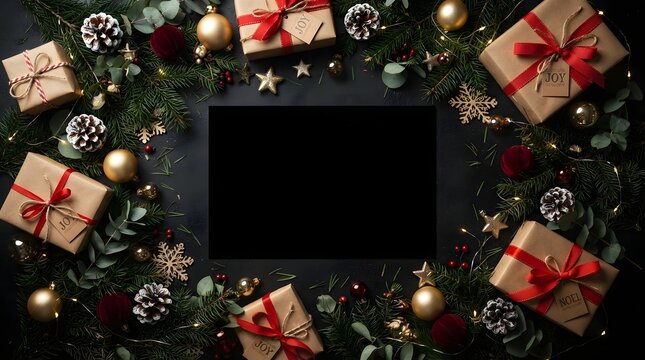 Festive christmas gifts and winter foliage arranged in a flat lay with blank space
