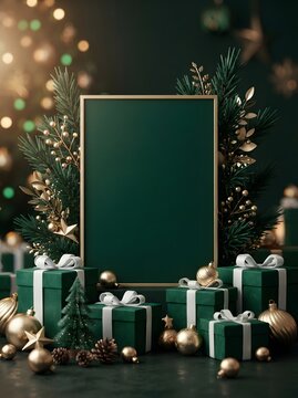 Festive christmas mockup scene with dark green frame and golden gift boxes