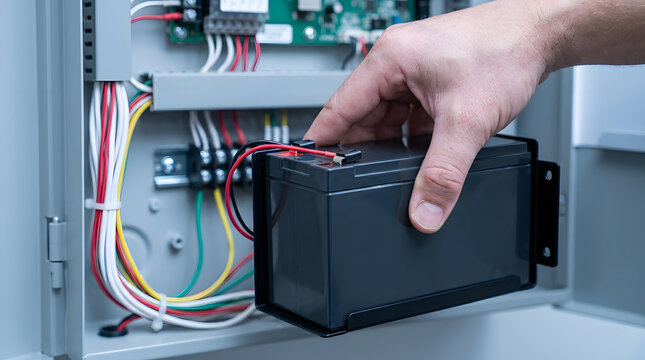 Replacing backup battery in alarm system | Professional electrical maintenance and repairs | Installing rechargeable battery in power supply box | Security system technician servicing control panel