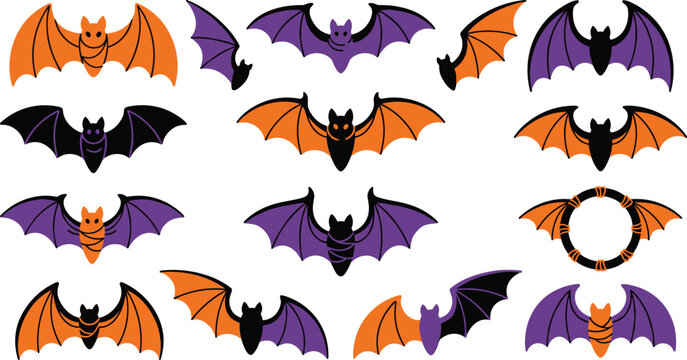 Spooky Halloween flying bat silhouette vector collection with black orange and purple vampire bats on white background