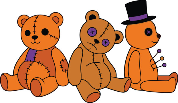 Spooky Halloween teddy bear voodoo doll vector set with stitched orange zombie monster plush toys on white background