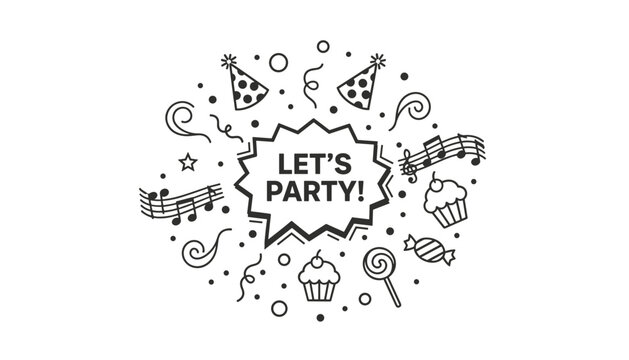 Fun party themed doodles circle layout around a central dialogue bubble that reads let us party in bold black text.