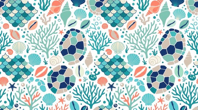 Colorful seamless pattern with corals, shells, starfish, and turtle scales on white