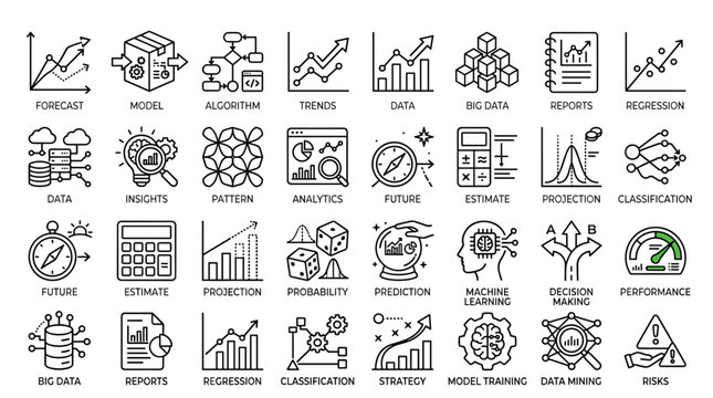 Data analytics icon set is perfect for various purposes like forecasting, modeling, algorithms, trends, and big data analysis for reports.