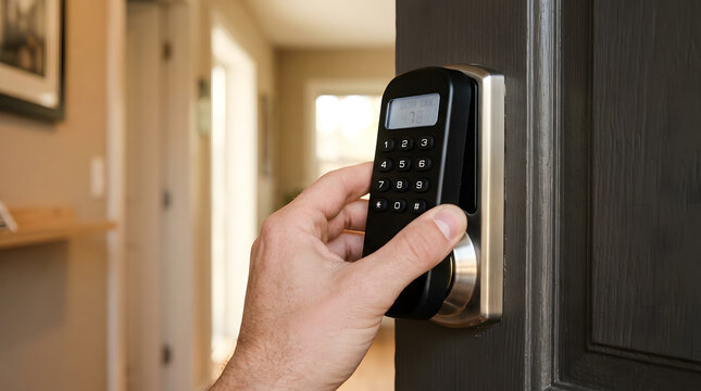 smart home security door lock system | keyless entry digital keypad for front door | electronic deadbolt lock with pin code access | hand entering code on smart lock