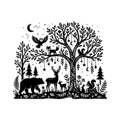 Obraz premium Forest animals silhouette night scene vector illustration