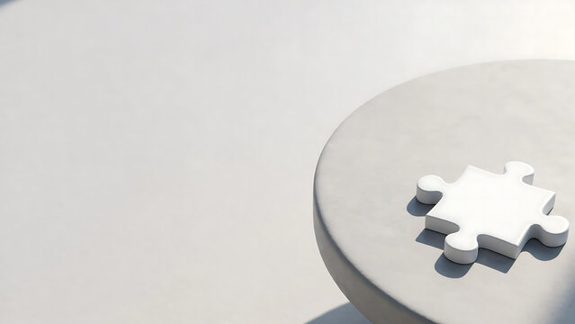 Minimalist white 3D puzzle piece placed on a circular white podium with a clean, bright white background for conceptual design