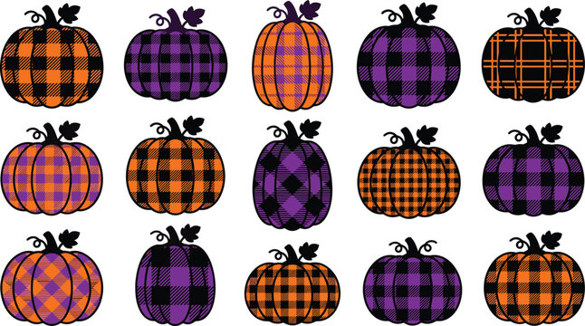 Halloween buffalo plaid pumpkin vector set featuring orange purple and black gingham patterned autumn squash silhouettes on white background