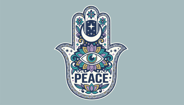 Highly detailed hamsa hand illustration in cool tones featuring the word peace, a lotus flower, and a central eye.