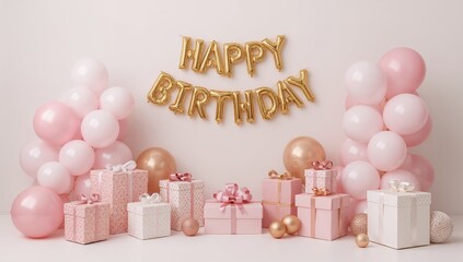 Fototapeta premium Birthday Celebration Setup With Pink Balloons and Gift Boxes
