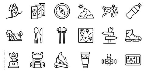 Set of outline icons related to hiking. Linear icon collection. Editable stroke. Vector illustration © leopm