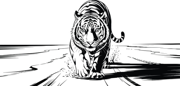 Stark black and white tiger vector illustration, powerful stalking wild cat in high contrast ink style, majestic predator animal graphic for apparel