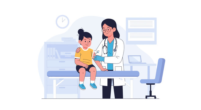 Pediatrician examining child patient in clinic, vaccination, health care concept