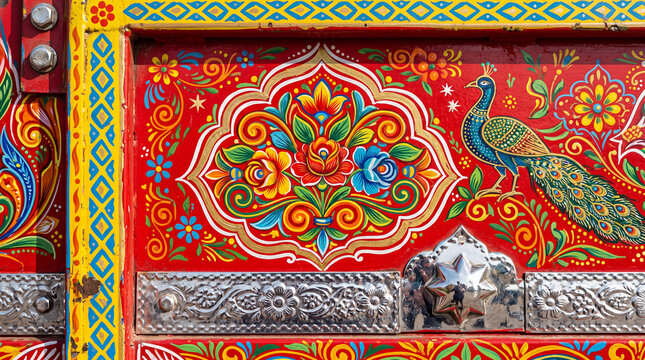 Colorful hand-painted truck art pattern with floral motifs