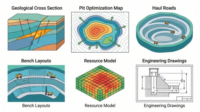 Six diagrams depict mine planning and design, from geological surveys to open pit operations