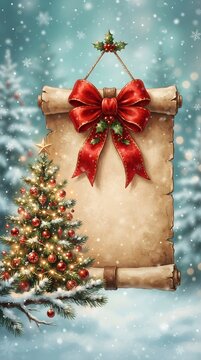 Festive christmas scroll with red ribbon and winter tree on snowy background