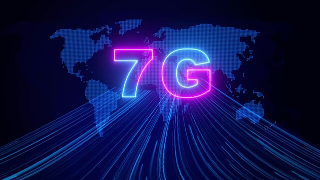 Global communication network maps flash bright 7G telecommunication data links. Next generation internet service consoles require a global communication network map dashboard.