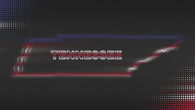 Red, White and Blue Neon Tennessee State Map Futuristic Digital Halftone Illustration
