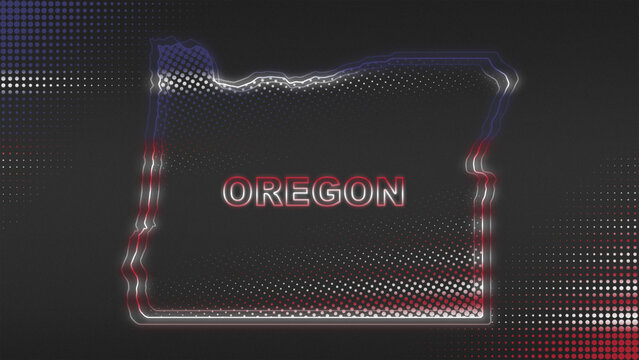 Red, White and Blue Neon Oregon State Map Futuristic Digital Halftone Illustration