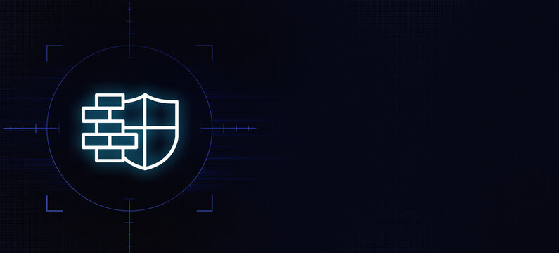 Network Security Shield Icon with Firewall Protection on Digital Background