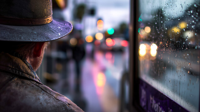Man in Rain, Bus Stop, City Lights, Moody