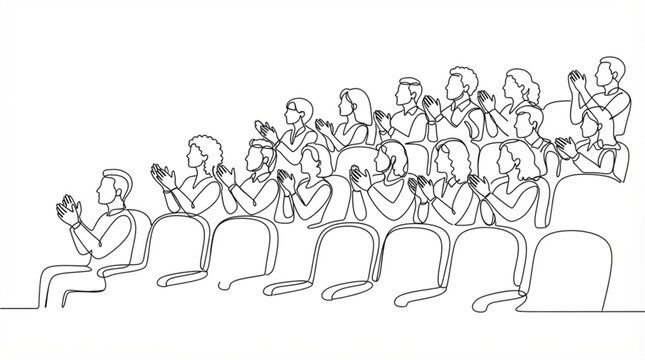 Continuous line art vector of theater audience people clapping in rows