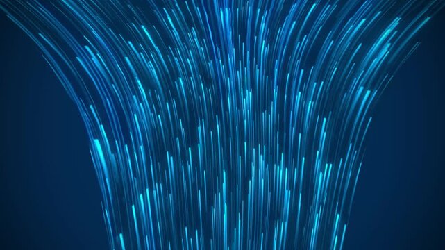 Abstract motion light lines cascade ascending sapphire laser beam trails on dark. High tech cloud database introduction videos use an abstract motion light lines background.