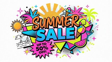 Fototapeta premium Summer sale promotional banner with vibrant pop art elements isolated on white background