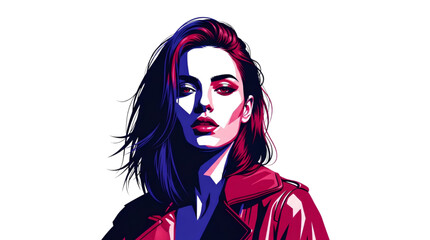 Obraz premium Vector illustration of an elegant woman posing in high-waisted red trousers and a white top, SVG format on transparent background, for retail fashion banners.