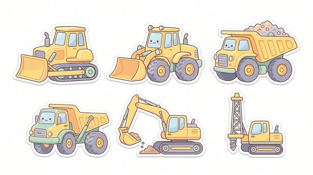 Six cute construction stickers, various yellow machines, on white