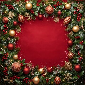 Festive christmas wreath with golden and red ornaments on a rich red background