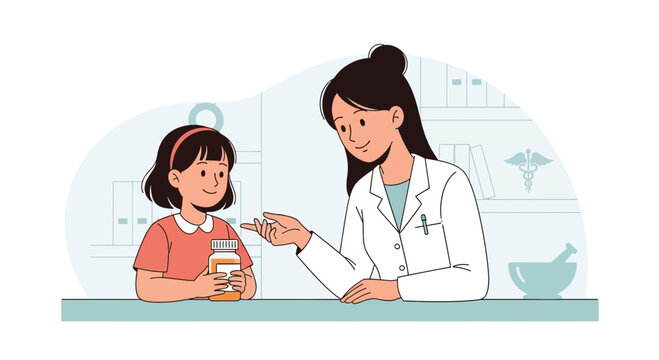 Pharmacist Helping Child with Medicine Bottle in Pharmacy Illustration