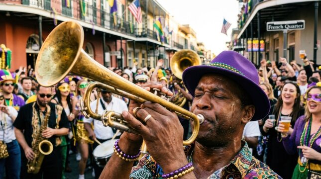 Talented street jazz musician playing a golden trumpet during a vibrant nighttime carnival parade