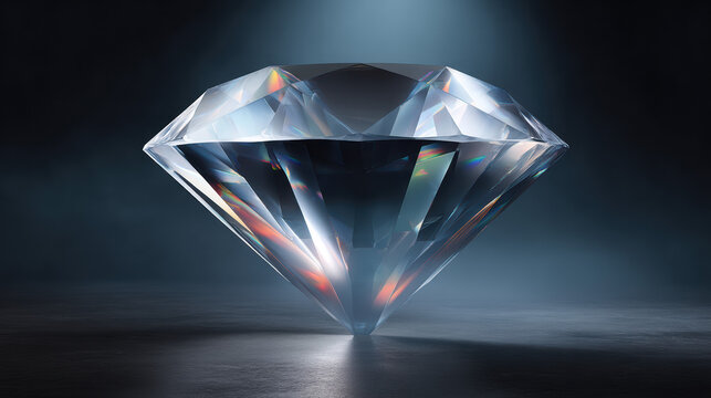 A brilliantly cut diamond sparkles with exceptional clarity and fire under dramatic lighting, exhibiting its exquisite facets and captivating beauty on a sleek surface.