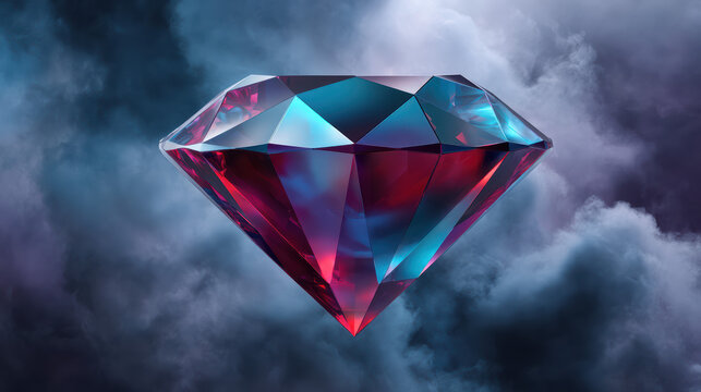 A vividly colored gem shimmers, reflecting hues of red and blue, set against a backdrop of swirling, dramatic clouds, creating an ethereal and striking scene.