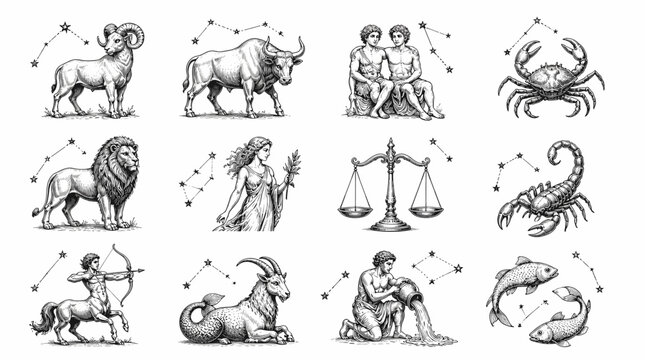 Zodiac Signs Illustration Grid Of Astrological Symbols.