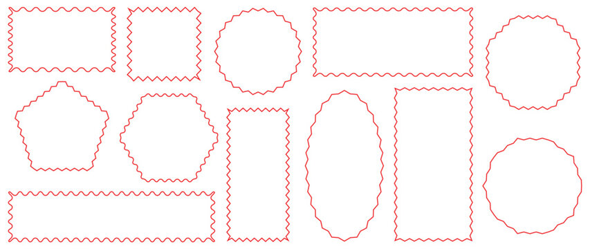 Collection of hand drawn wavy frames and abstract borders in red outline.   Decorative shapes including rectangles, circles, ovals, stars, and labels. 