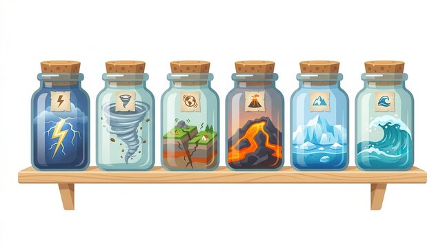 Six glass jars with cork stoppers hold diverse natural phenomena like storms, volcanoes, and waves