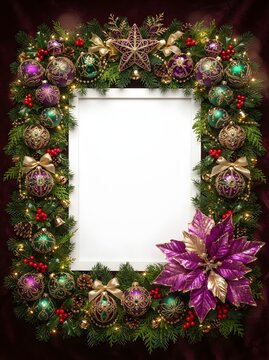 Festive christmas wreath with ornaments and poinsettia flower on dark background