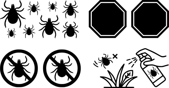 Set of black tick silhouettes and red stop sign icons representing parasitic pest prevention
