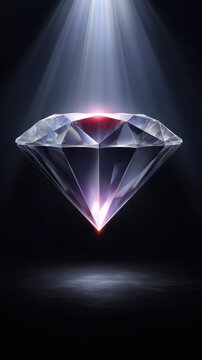 A dazzling diamond sparkles, illuminated by a dramatic spotlight, casting a luminous reflection on a dark surface, creating a captivating and elegant image.